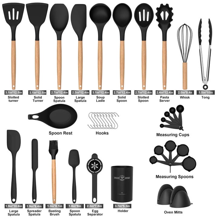 38 Pcs Silicone Cooking Utensils Kitchen Utensil Set - 446°F Heat Resistant,Turner Tongs,Spatula,Spoon,Brush,Whisk. Wooden Handles Kitchen Gadgets Tools Set for Non-Stick Cookware (BPA Free).