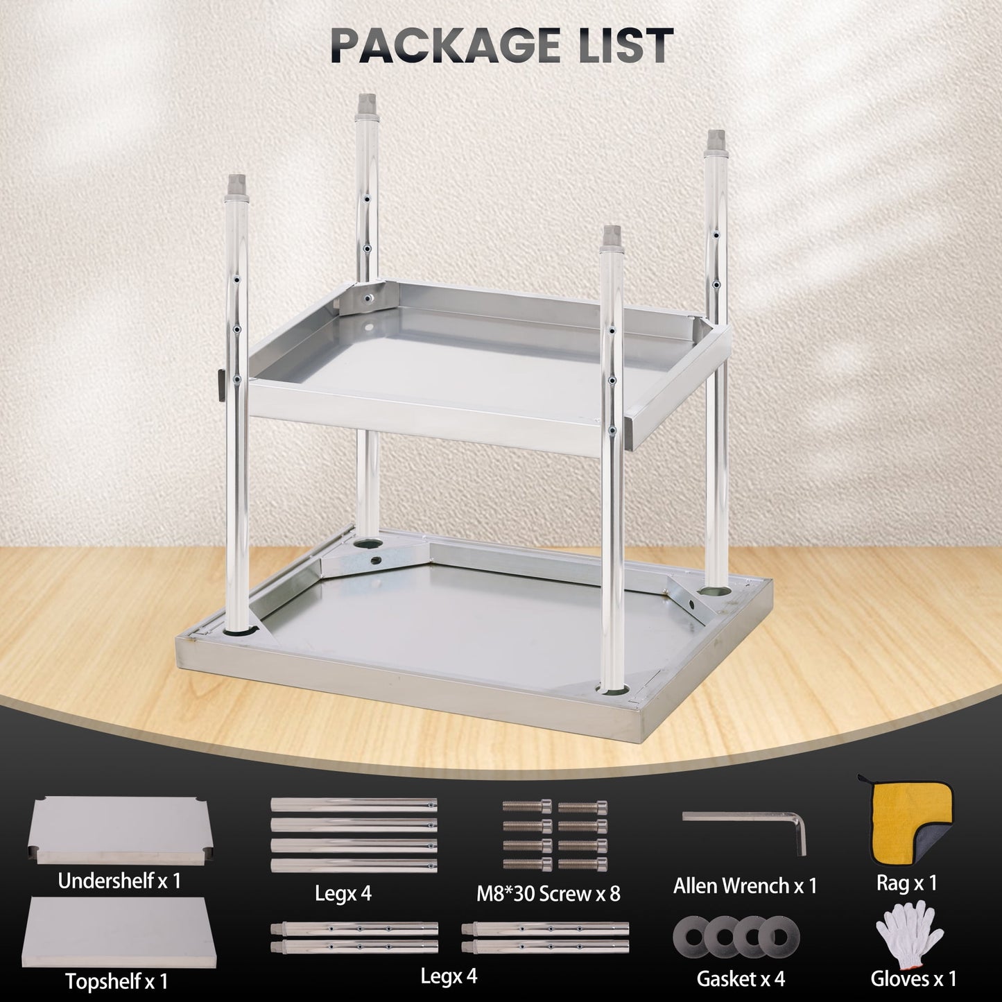 2 Tier Rolling Stainless Steel Table 24x24 Inch Small Prep Table with Adjustable Storage Shelf, 4 Wheels, Glooves &amp; Dishcloth, Rust Resistant &amp; Heavy Duty for Home