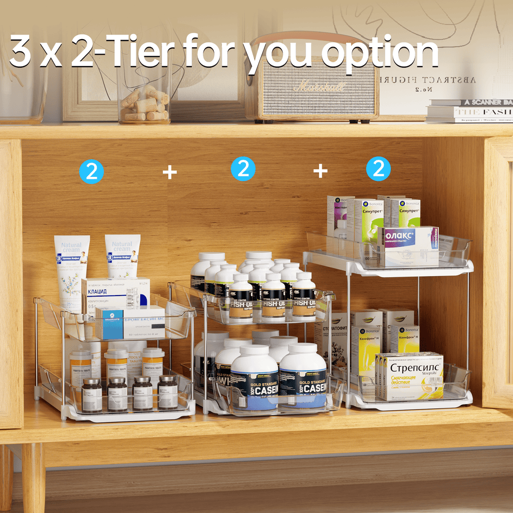 Delamu 2-Pack 3-Tier Pull-Out Under Sink Organizer, Stackable Sliding Storage Shelves for Bathroom Kitchen Pantry (White)