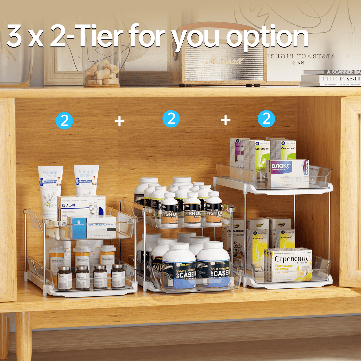 2-Pack 3-Tier Pull-Out Under Sink Organizer, Stackable Sliding Storage Shelves for Bathroom Kitchen Pantry (White)