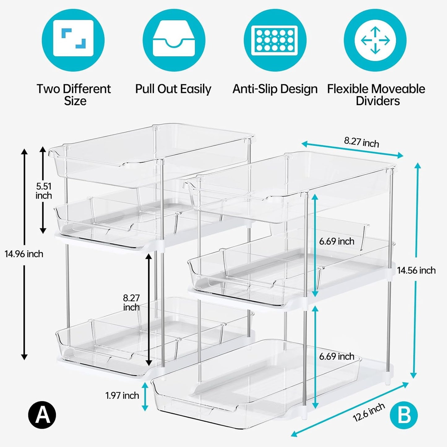 2-Pack 3-Tier Pull-Out Under Sink Organizer, Stackable Sliding Storage Shelves for Bathroom Kitchen Pantry (White)