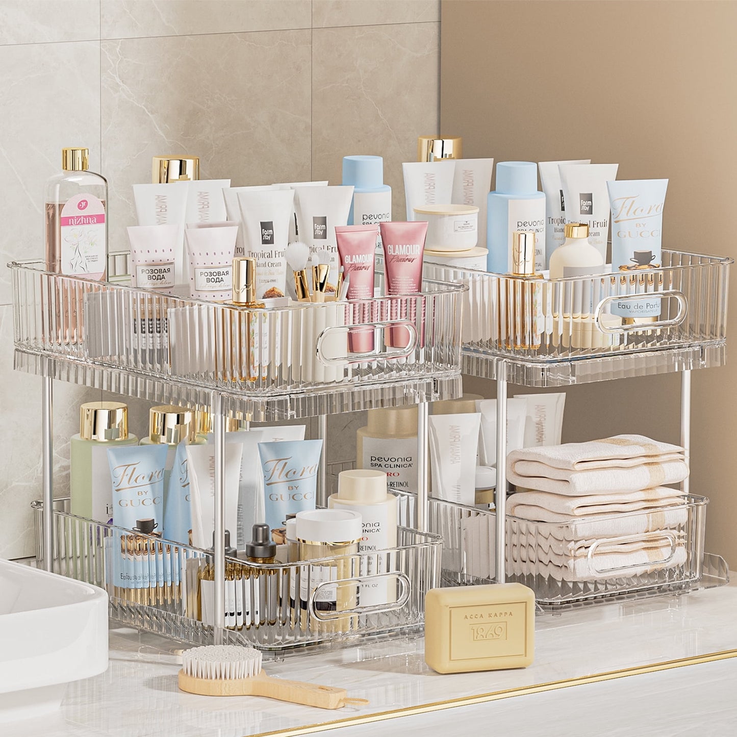 2 Pack Pull Out Bathroom Organizers and Storage, Under Sink Organizer, 2 Tier Kitchen Cabinet Organizer Storage Rack, Clear