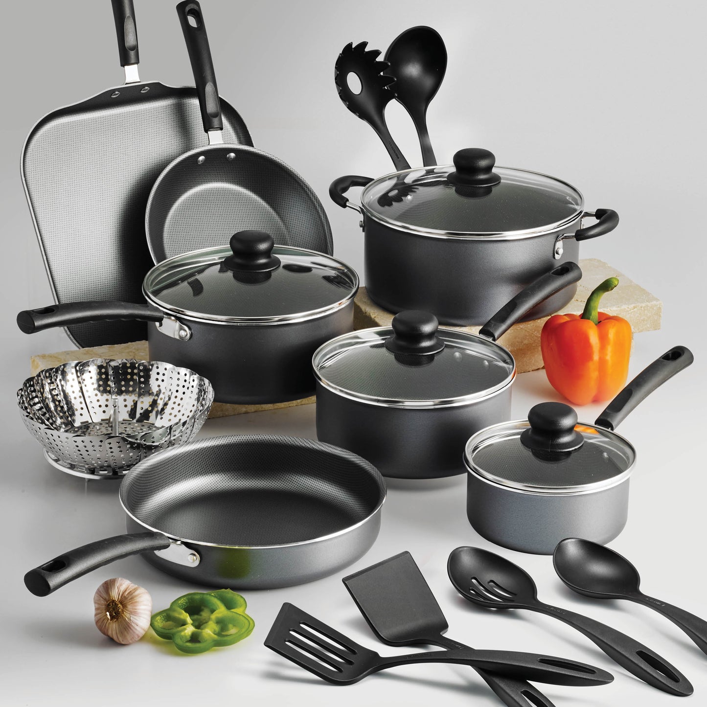 18 Piece Non-stick Cookware Set, Steel Gray