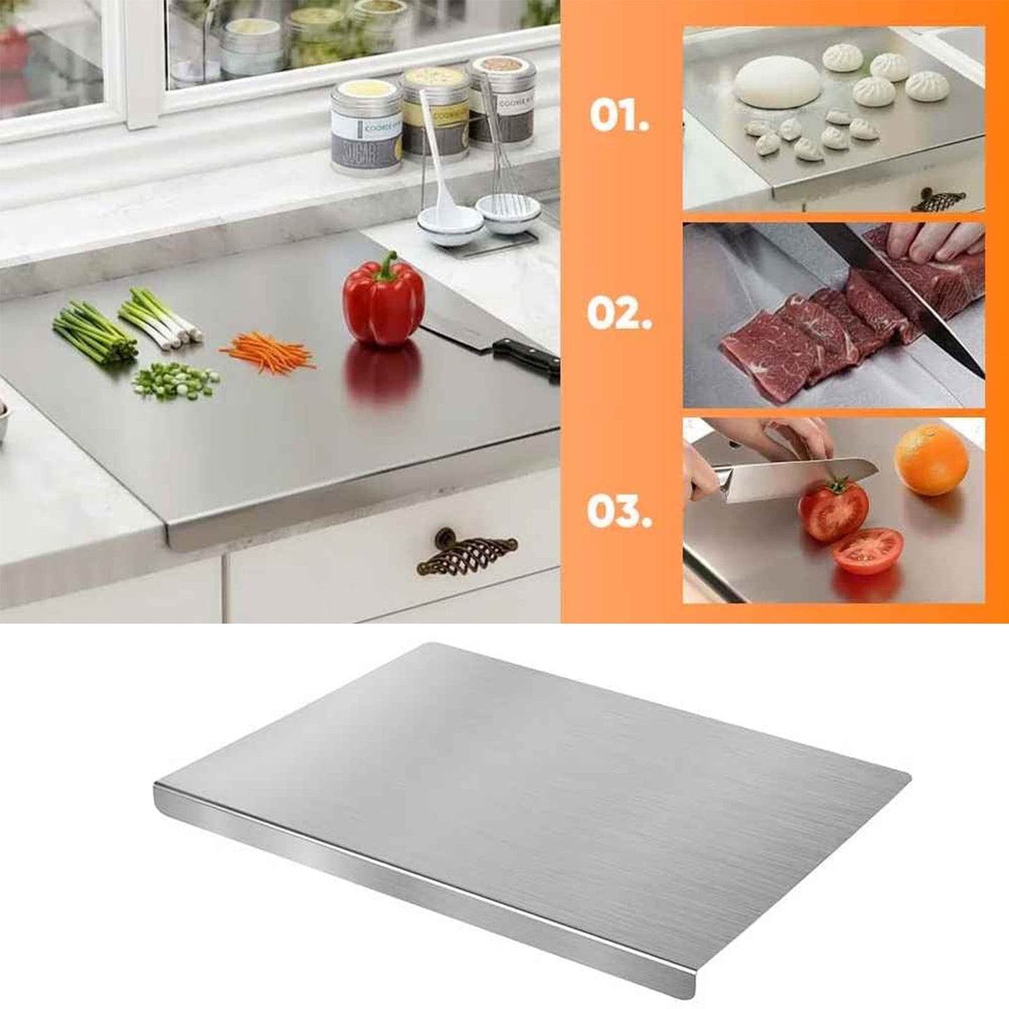Heavy Duty Stainless Steel Chopping Board, Metal Kitchen Cutting Board with Raised Edges, Easy Clean Food Prep Surface, Sturdy Kitchen Accessory for Meat Fruit Vegetable Cooking