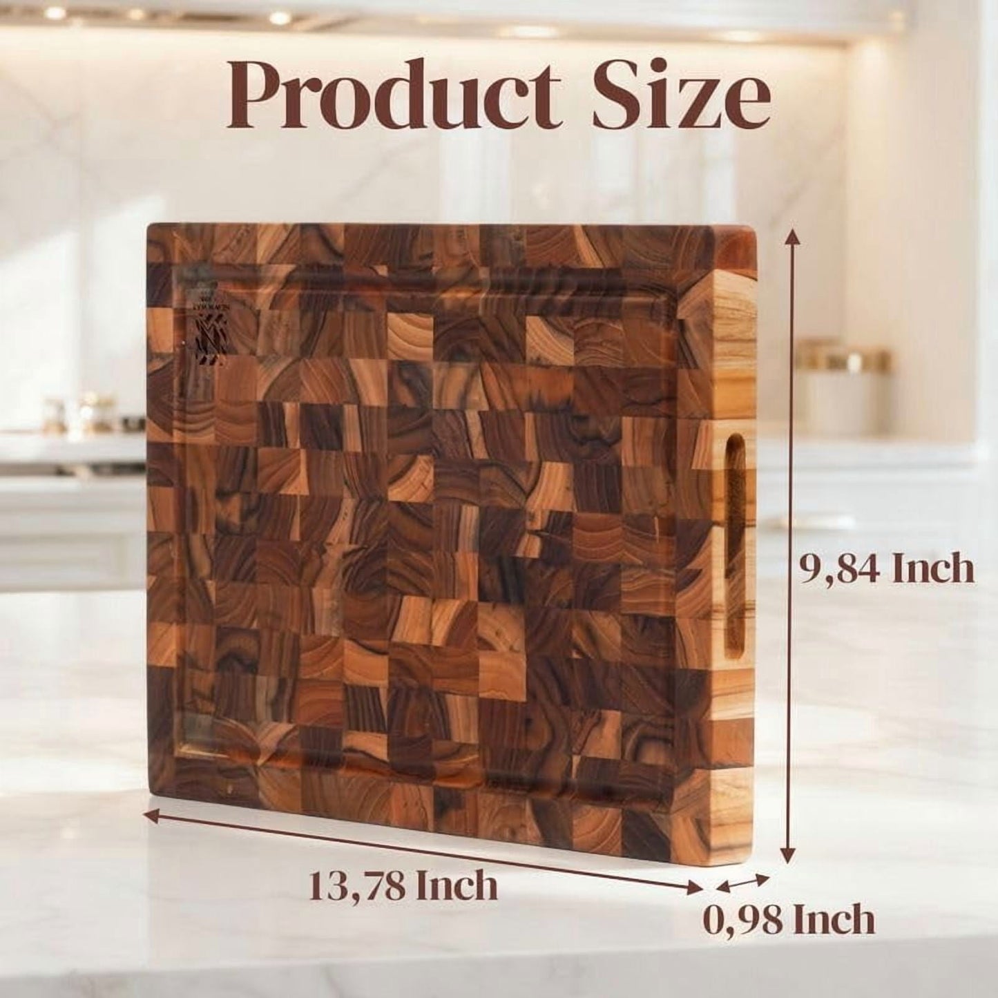 Teak Wood End Grain Cutting Board 13.8 x 9.8 Inch, Solid Wood Kitchen Cutting Board for Meat &amp; Daily Prep, Knife-Friendly Cutting Board with Juice Groove &amp; Handle