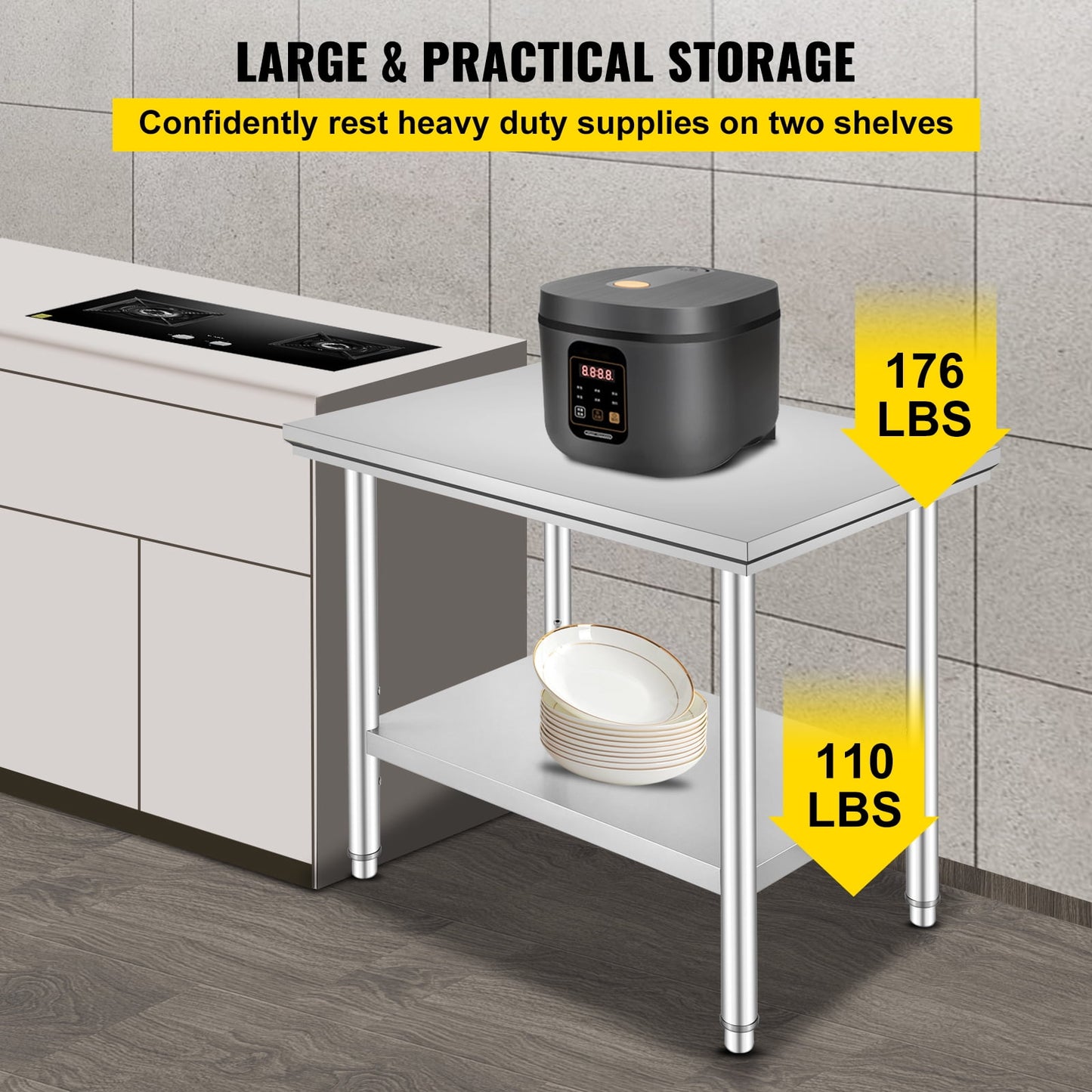35 x 24 x 31 Inch Metal Prep Station, Heavy Duty Commercial Food Prep Work Table up to 700 lbs, Robust Stainless Steel Work Table with 3 Height Adjustment Options for Kitchen, Restaurant
