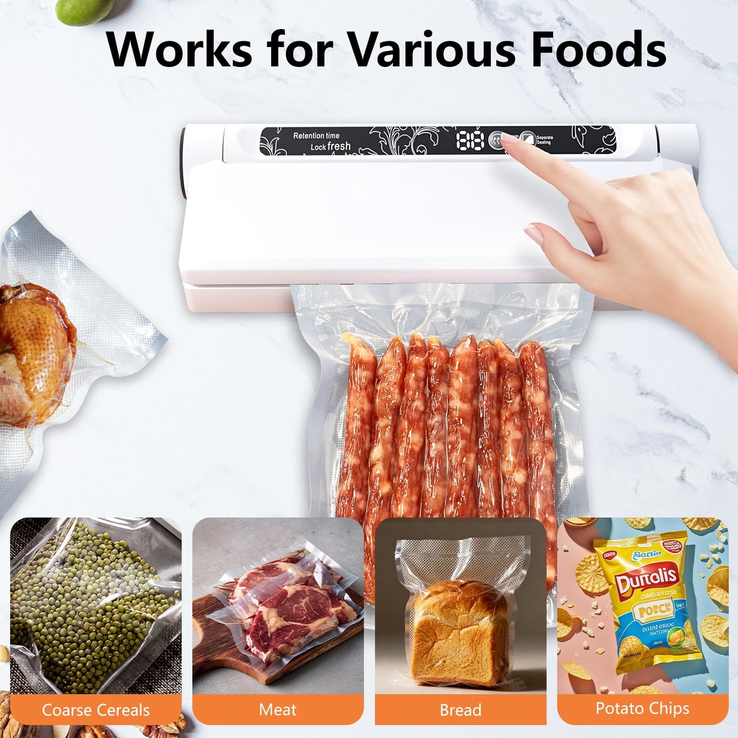 Vacuum Sealer, 62Kpa Food Sealer Machine with Dry/Wet Modes and 20 Sealer Bags for Kitchen Storage &amp; Meal Prep, Digital Countdown Timer, Compact Design