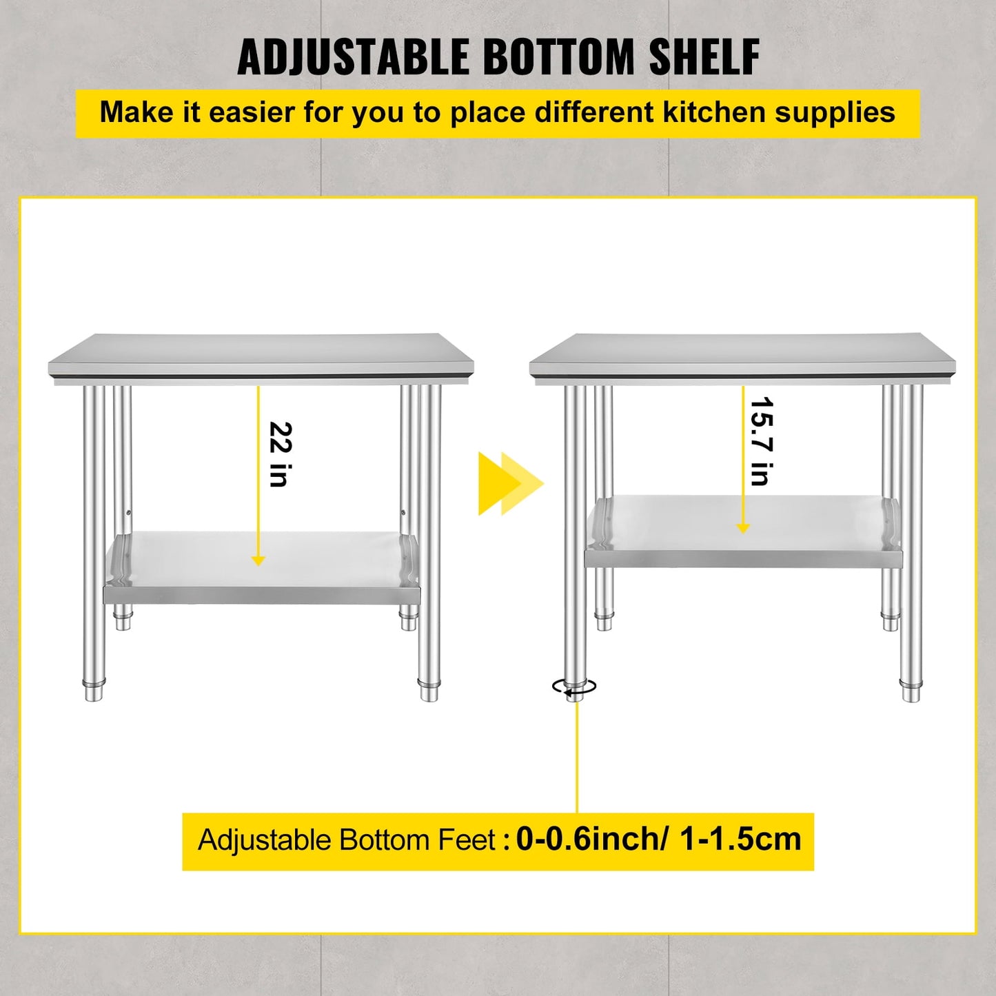 35 x 24 x 31 Inch Metal Prep Station, Heavy Duty Commercial Food Prep Work Table up to 700 lbs, Robust Stainless Steel Work Table with 3 Height Adjustment Options for Kitchen, Restaurant