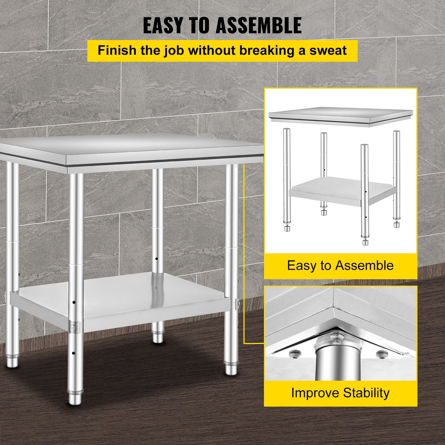 35 x 24 x 31 Inch Metal Prep Station, Heavy Duty Commercial Food Prep Work Table up to 700 lbs, Robust Stainless Steel Work Table with 3 Height Adjustment Options for Kitchen, Restaurant