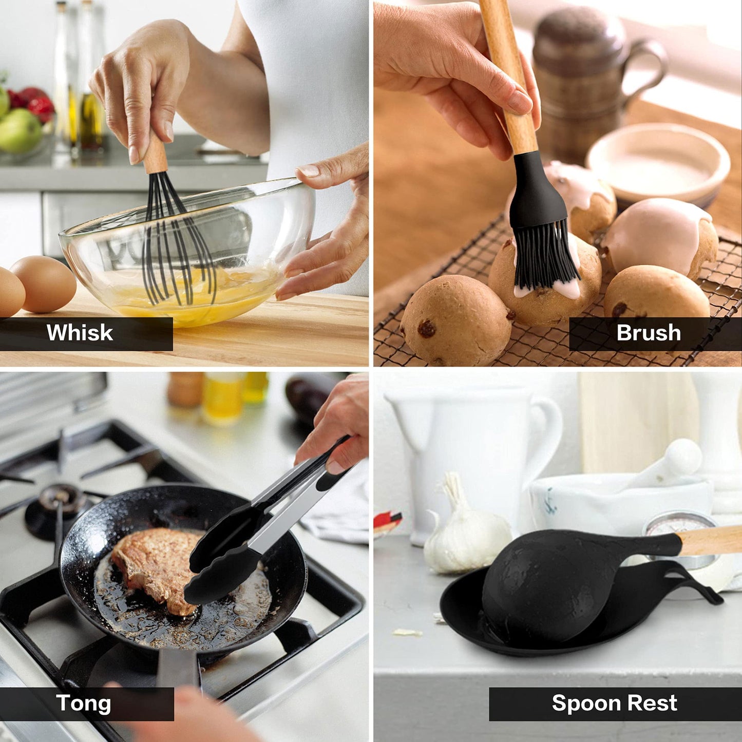 38 Pcs Silicone Cooking Utensils Kitchen Utensil Set - 446°F Heat Resistant,Turner Tongs,Spatula,Spoon,Brush,Whisk. Wooden Handles Kitchen Gadgets Tools Set for Non-Stick Cookware (BPA Free).
