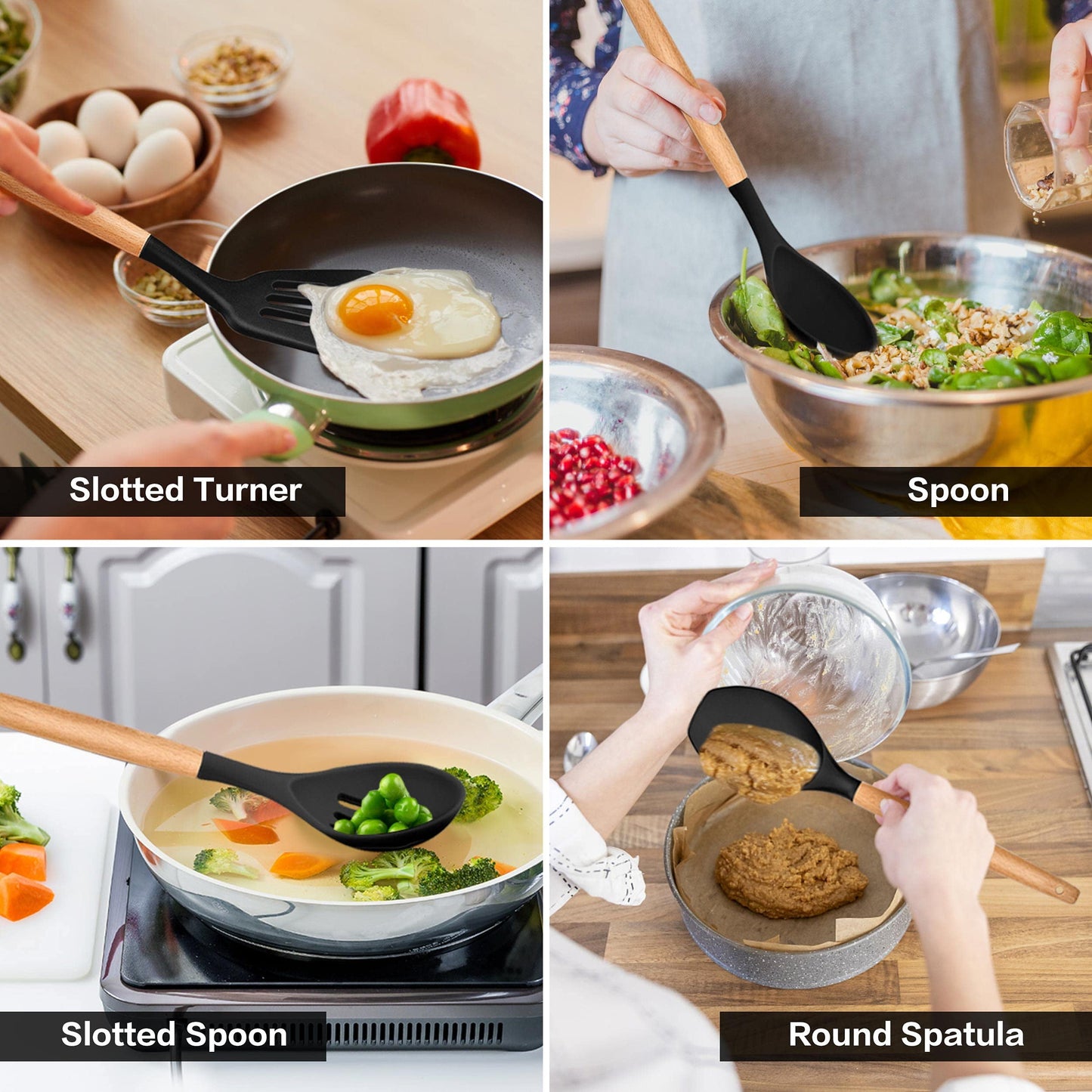 38 Pcs Silicone Cooking Utensils Kitchen Utensil Set - 446°F Heat Resistant,Turner Tongs,Spatula,Spoon,Brush,Whisk. Wooden Handles Kitchen Gadgets Tools Set for Non-Stick Cookware (BPA Free).