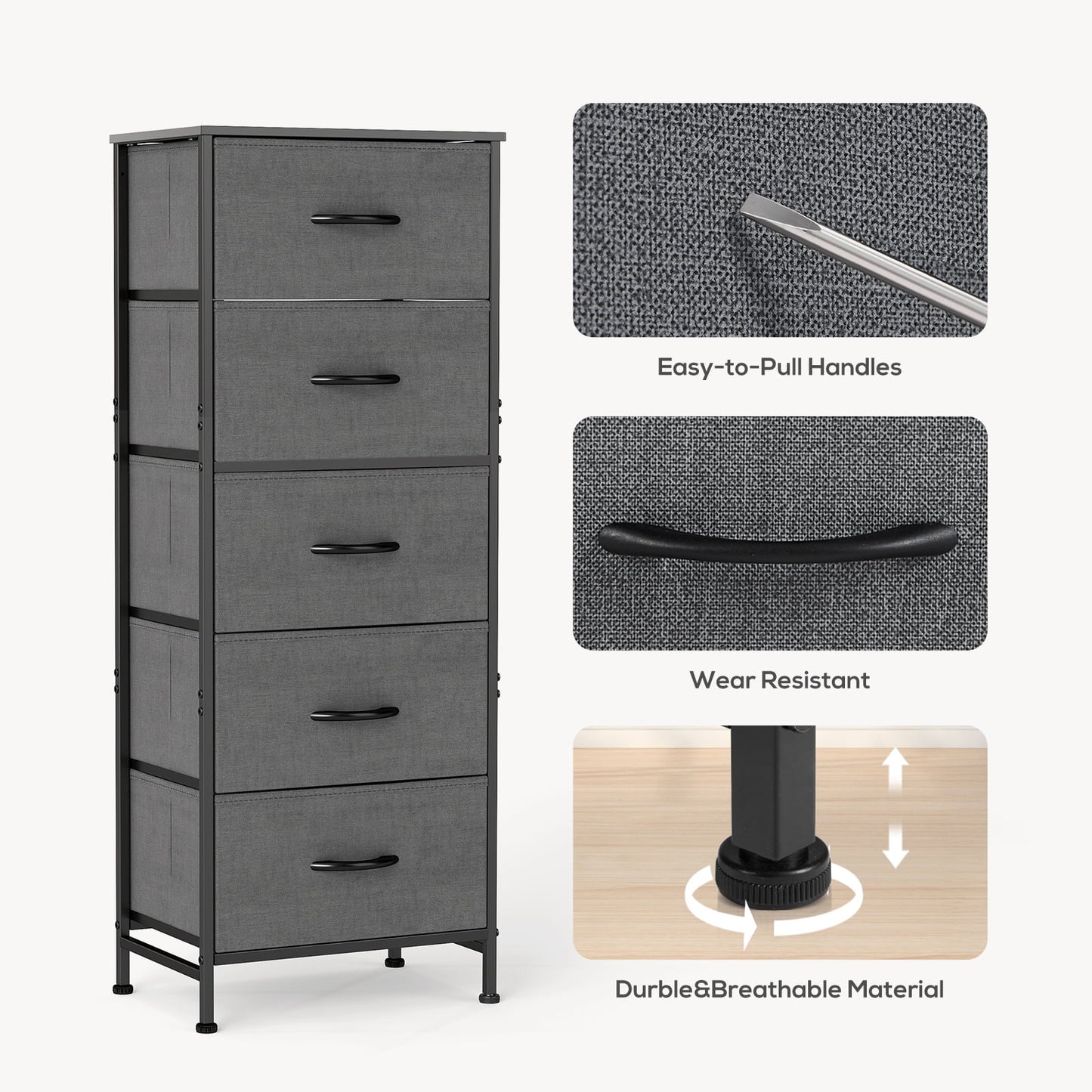 5 Fabric Dresser with 5 Storage Drawers, TV Stand with Wooden Top Metal Frame for Clothes, Living Room, Hallway, Entryway, Rust