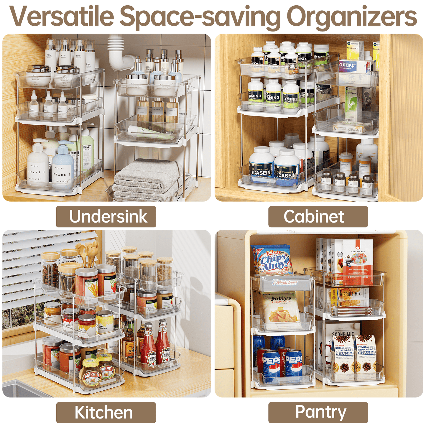 2-Pack 3-Tier Pull-Out Under Sink Organizer, Stackable Sliding Storage Shelves for Bathroom Kitchen Pantry (White)