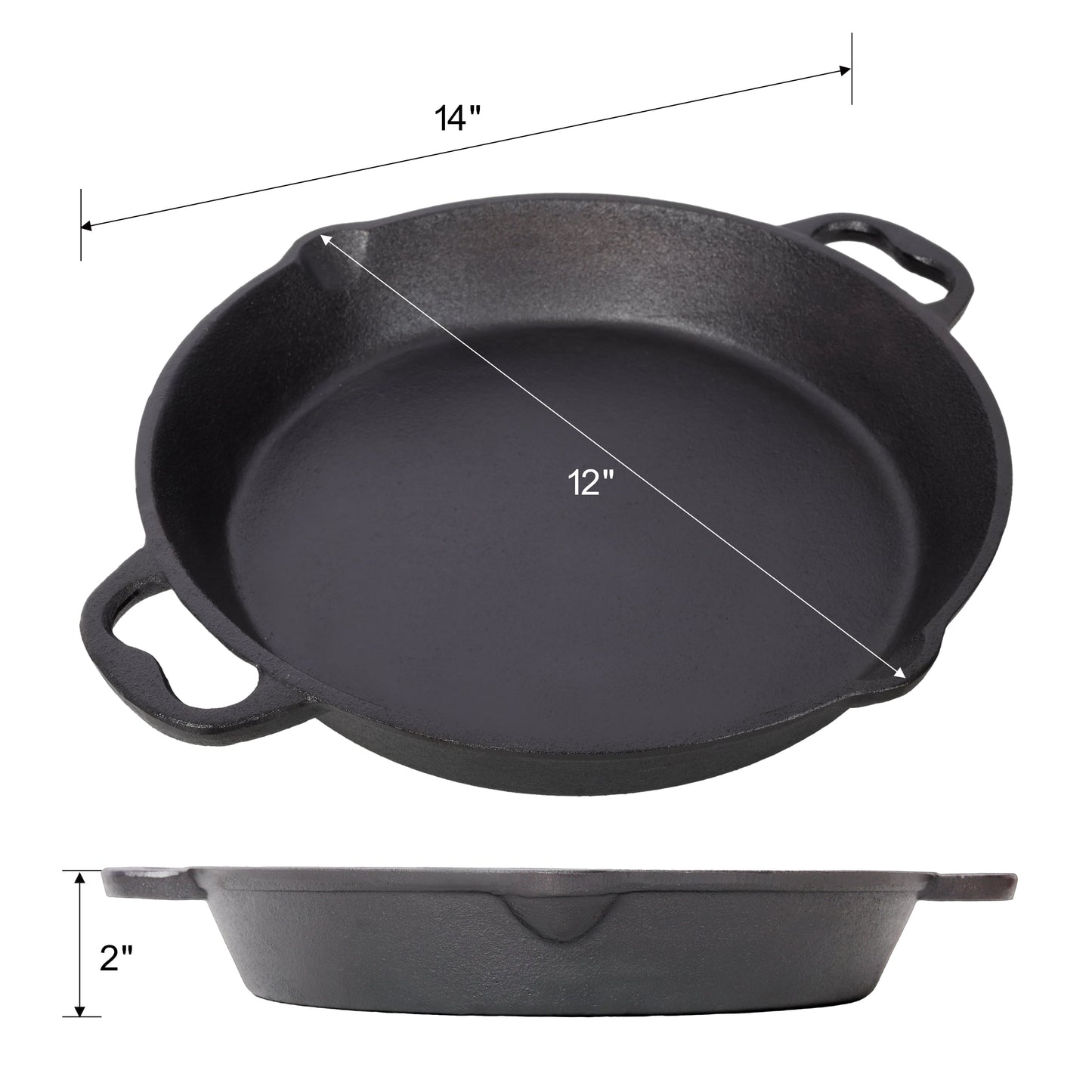 Cast Iron Skillet, 12 Inch Pre-Seasoned Cast Iron Pan with Dual Helper Handles, Even Heating Grill and Oven Safe Cookware, Induction Stovetop Pan for Searing and Baking, Black