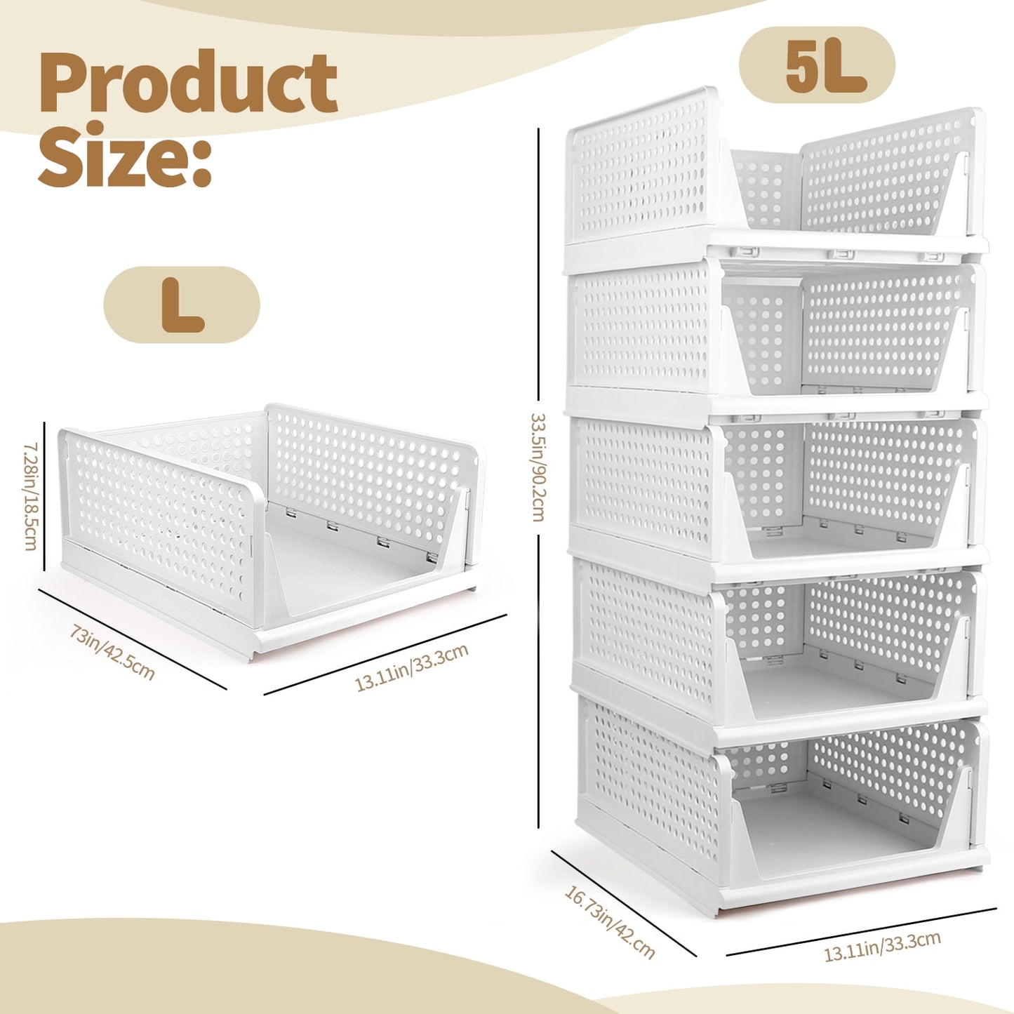5 Pack Stackable Closet Storage Basket, Multifunctional Closet Organizer for Kitchen Bathroom Laundry Room Wardrobe Storage, Space-Saving Clothes Storage Drawer Organizer, White