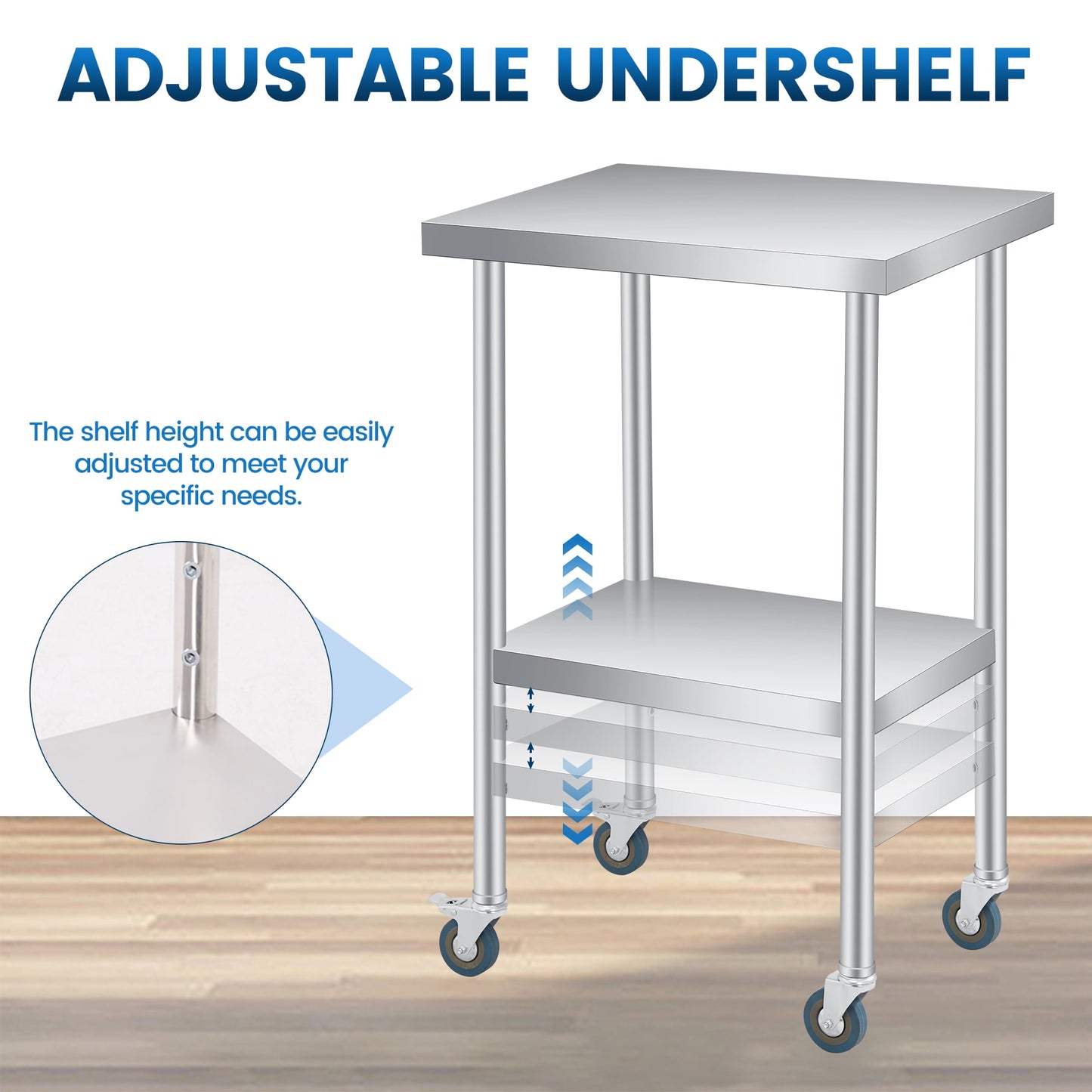 2 Tier Rolling Stainless Steel Table 24x24 Inch Small Prep Table with Adjustable Storage Shelf, 4 Wheels, Glooves &amp; Dishcloth, Rust Resistant &amp; Heavy Duty for Home