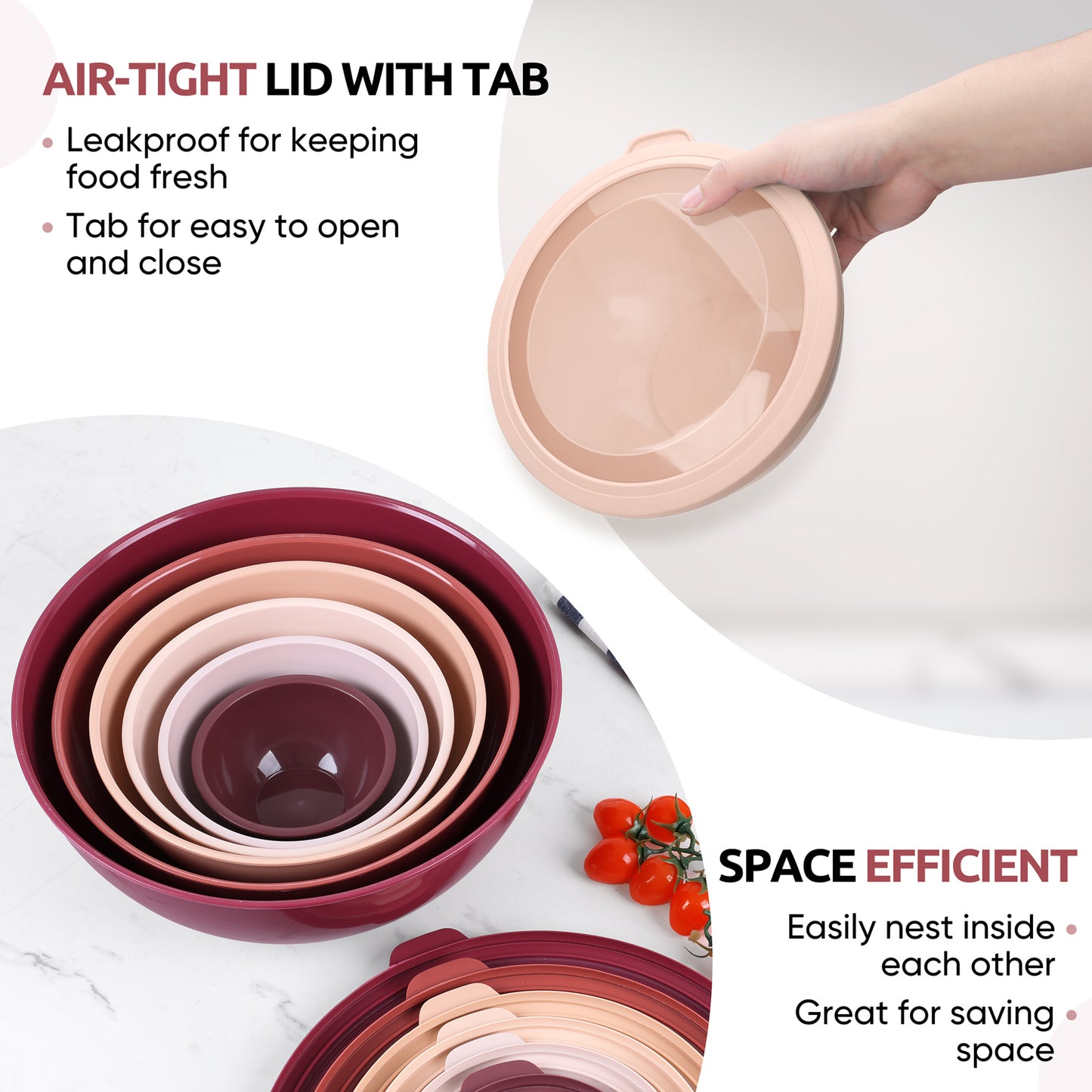 Mixing Bowls with Airtight Lids Set of 6, Plastic Nesting Bowls Prep Bowls for Mixing, Serving, Kitchen Preparing, Storage, Microwave &amp; Freezer Safe
