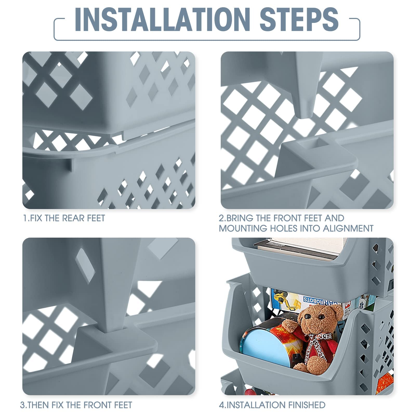 HOUSE DAY Storage Bins Set of 4, Plastic Storage Containers for Organization and Storage, Gray