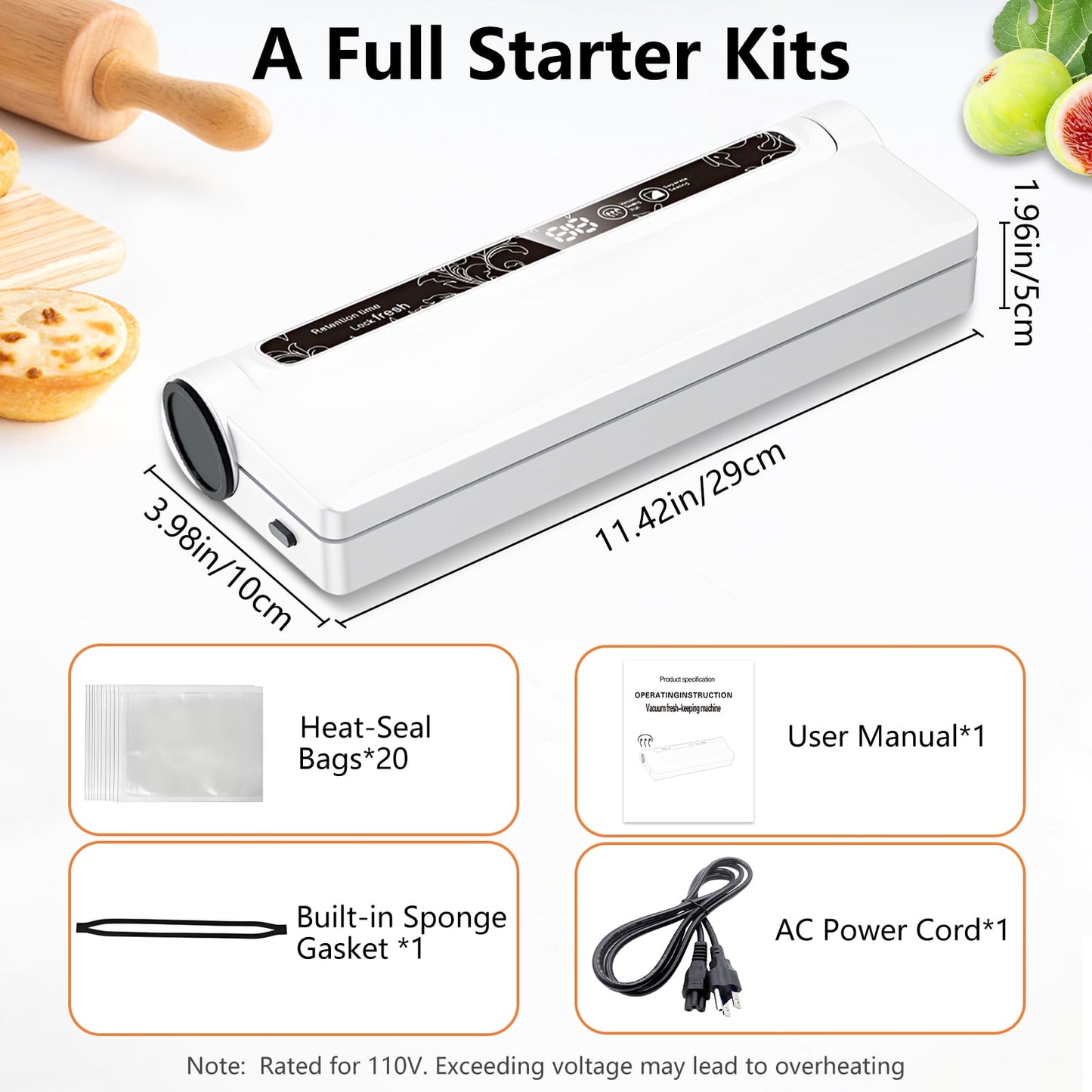 Vacuum Sealer, 62Kpa Food Sealer Machine with Dry/Wet Modes and 20 Sealer Bags for Kitchen Storage &amp; Meal Prep, Digital Countdown Timer, Compact Design