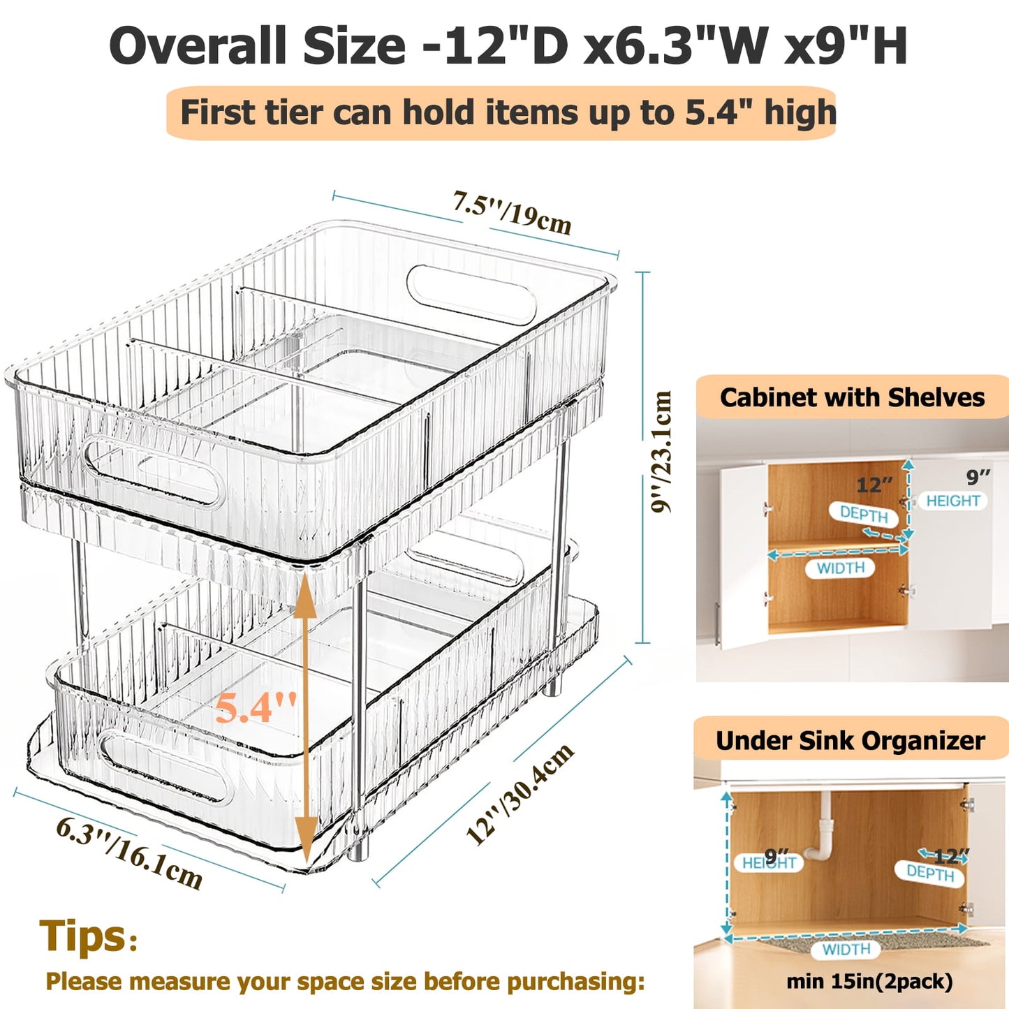 2 Pack Pull Out Bathroom Organizers and Storage, Under Sink Organizer, 2 Tier Kitchen Cabinet Organizer Storage Rack, Clear