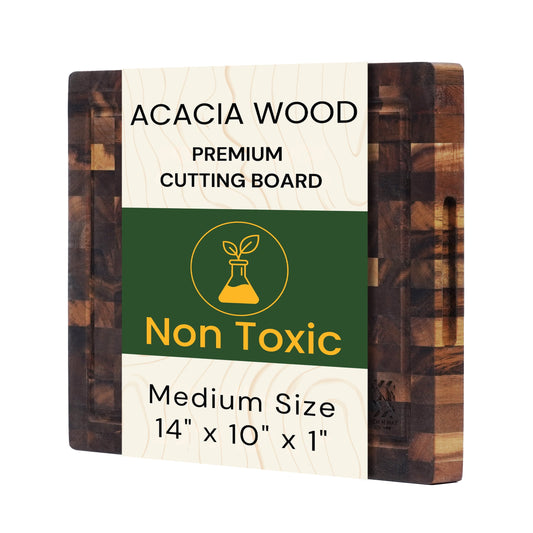 Acacia Wood Cutting Board 14x10x1 End Grain Butcher Block | Thick Solid Hardwood, Knife Friendly | Juice Groove &amp; Built-In Handle | Non-Toxic Natural for Kitchen Prep, Meat &amp; BBQ