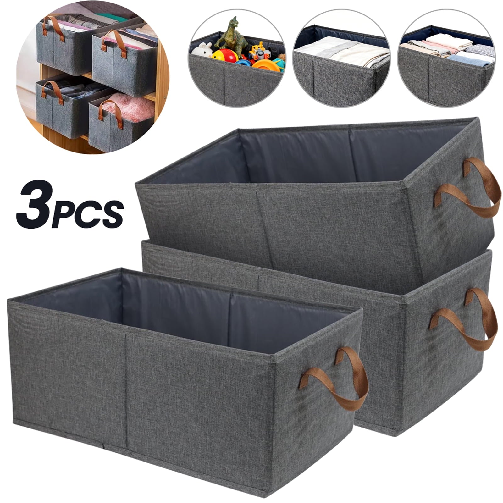 Deally 3 Pack Large Capacity Storage Bins Closet Organizer System, Sturdy Storage Boxes for Organizing Clothing, Sheets, Toys, Books - Shelf Organizer Shelves Basket Storage Bin