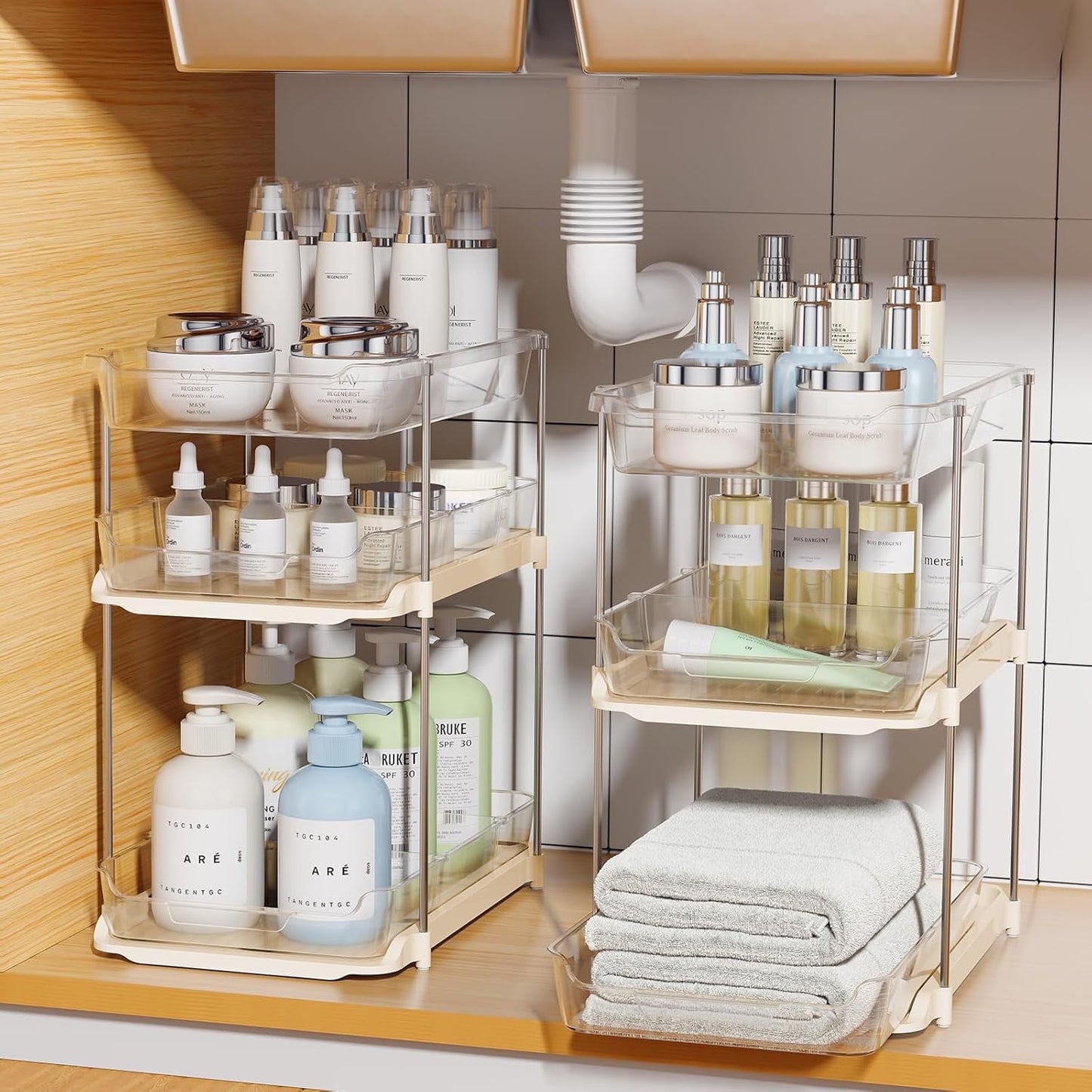 2-Pack 3-Tier Pull-Out Under Sink Organizer, Stackable Sliding Storage Shelves for Bathroom Kitchen Pantry (White)