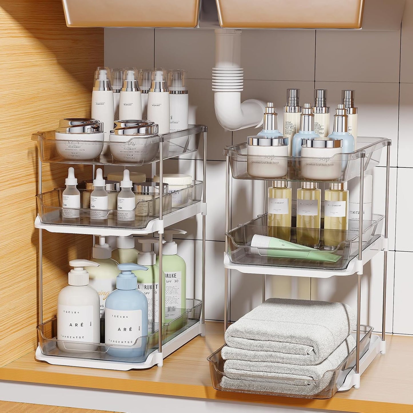 2-Pack 3-Tier Pull-Out Under Sink Organizer, Stackable Sliding Storage Shelves for Bathroom Kitchen Pantry (White)