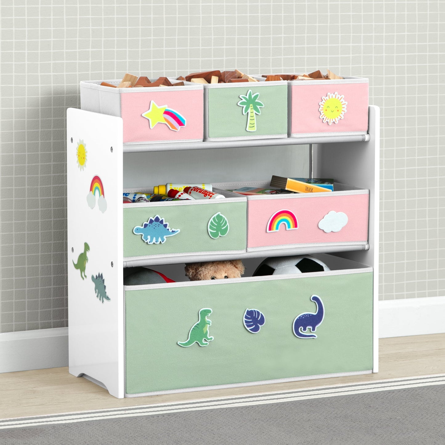 Design &amp; Store 6 Bin Toy Storage Organizer with Interchangeable Patches, Green/Pink