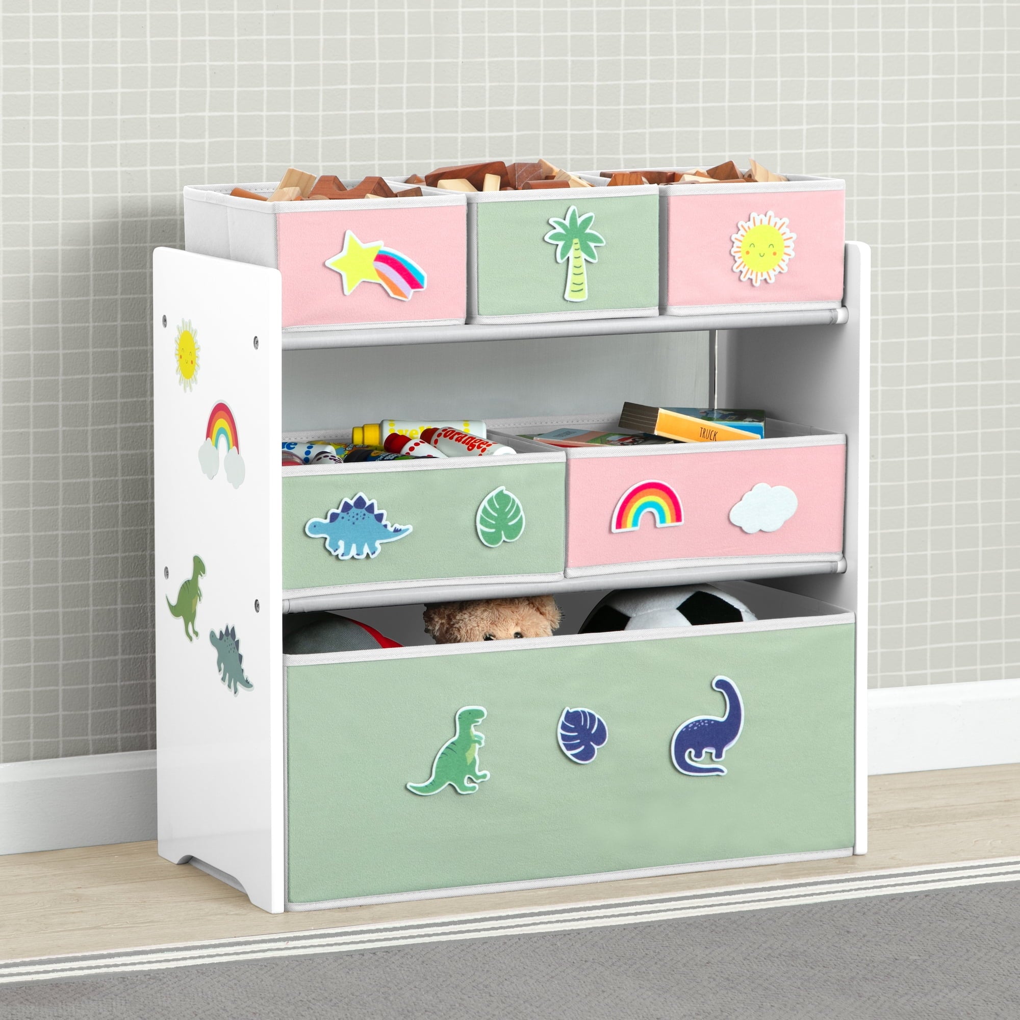 Delta Children Design &amp; Store 6 Bin Toy Storage Organizer with Interchangeable Patches, Green/Pink