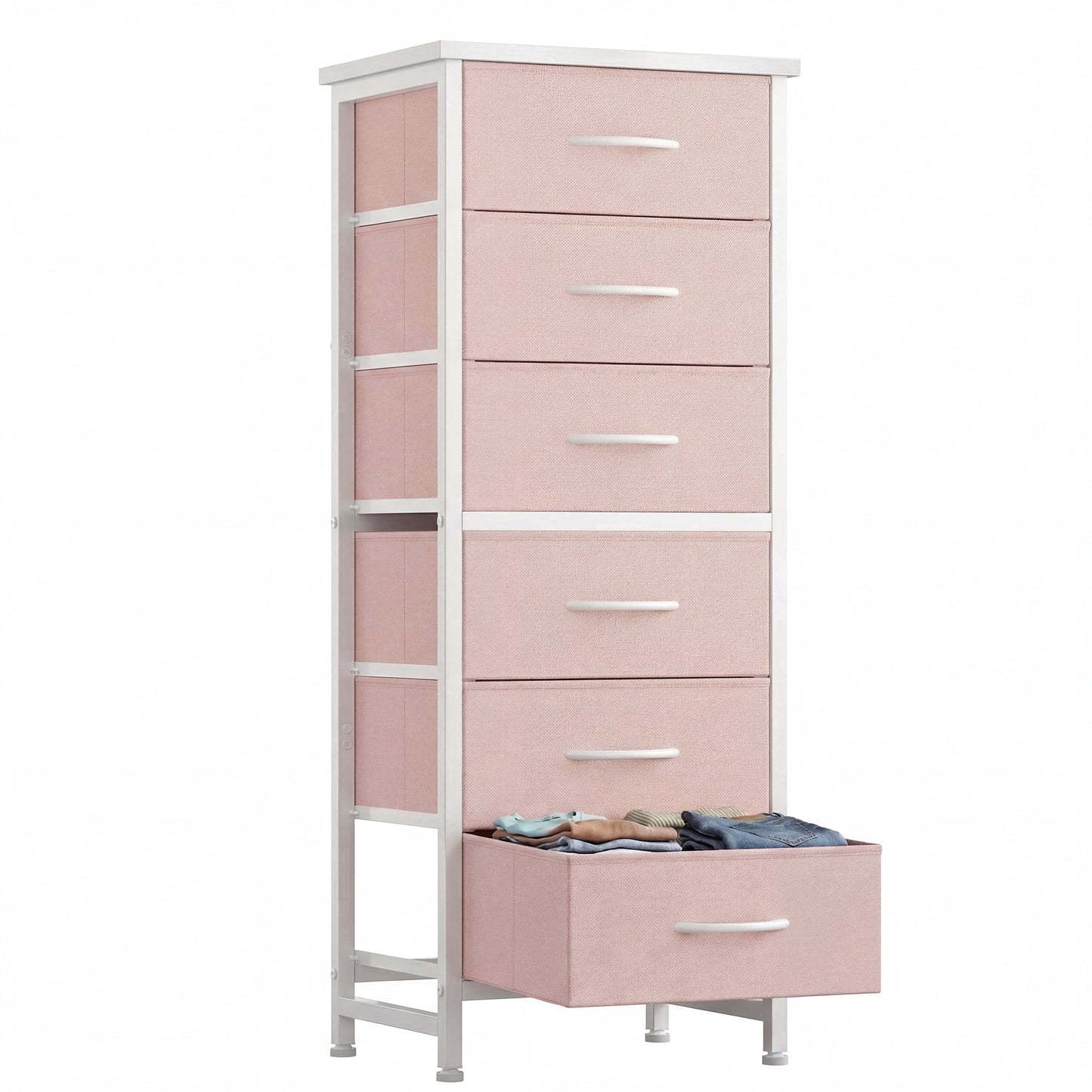 5 Fabric Dresser with 5 Storage Drawers, TV Stand with Wooden Top Metal Frame for Clothes, Living Room, Hallway, Entryway, Rust