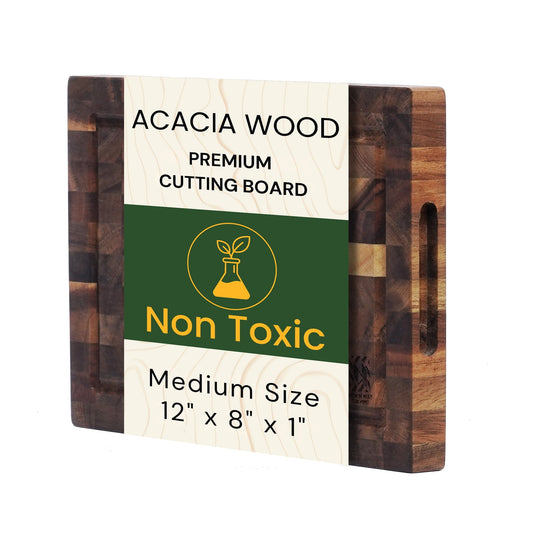 End Grain Acacia Wood Cutting Board 12x8x1 Inch, Thick Butcher Block with Juice Groove &amp; Handle, Solid Hardwood, Knife Friendly, Non-Toxic for Kitchen Prep