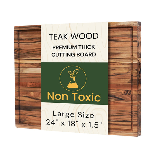Extra Large Teak Wood Cutting Board 24x18 Inch for Meat, Brisket &amp; Kitchen Prep, Thick Edge Grain Butcher Block with Deep Juice Groove &amp; Handle, Heavy-Duty Countertop Board