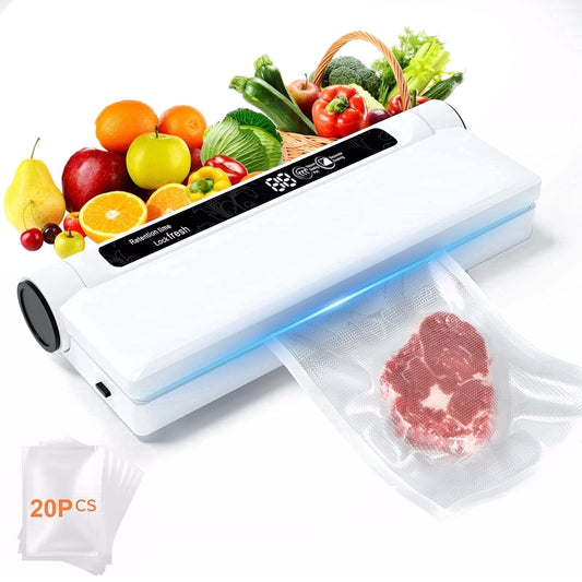 Vacuum Sealer, 62Kpa Food Sealer Machine with Dry/Wet Modes and 20 Sealer Bags for Kitchen Storage &amp; Meal Prep, Digital Countdown Timer, Compact Design