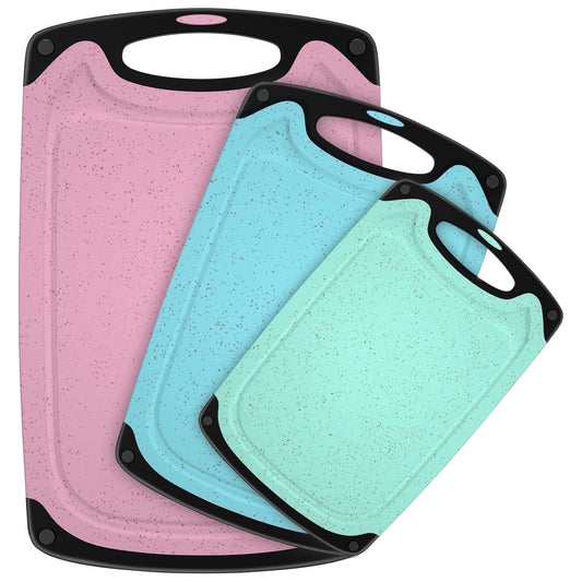 3-Piece Plastic Cutting Board Set, Cutting Boards for Kitchen with Non Slip Handles and Juice Groove, Ideal Chopping for Meat, Vegetables and Fruits, Pink, Blue, Green
