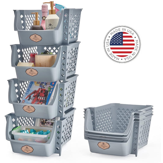 Storage Bins Set of 4, Plastic Storage Containers for Organization and Storage, Gray
