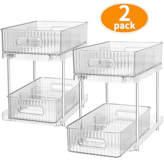 2 Pack Pull Out Bathroom Organizers and Storage, Under Sink Organizer, 2 Tier Kitchen Cabinet Organizer Storage Rack, Clear