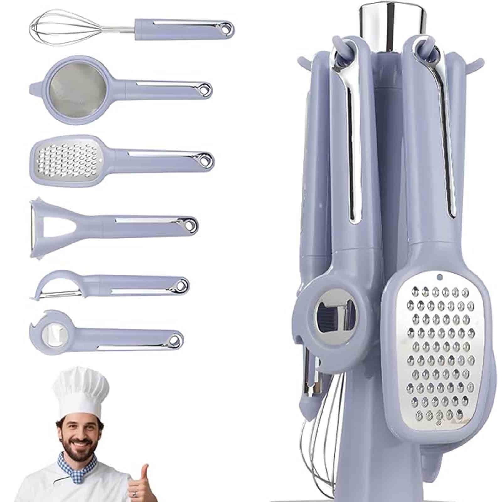 Kitchen Helper Tool Set,Multifunctional Storage Rack,Stainless Steel Grater,Egg Whisk Bottle Opener,Strainer Peeler Set,Wooden Hook Rack,Easy Clean Utensils,7 Piece Cookware Set,Desert Theme Rack