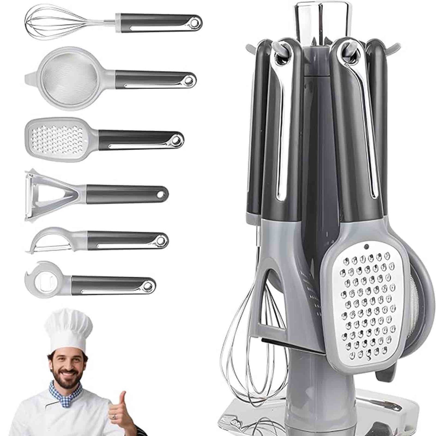 Kitchen Helper Tool Set,Multifunctional Storage Rack,Stainless Steel Grater,Egg Whisk Bottle Opener,Strainer Peeler Set,Wooden Hook Rack,Easy Clean Utensils,7 Piece Cookware Set,Desert Theme Rack