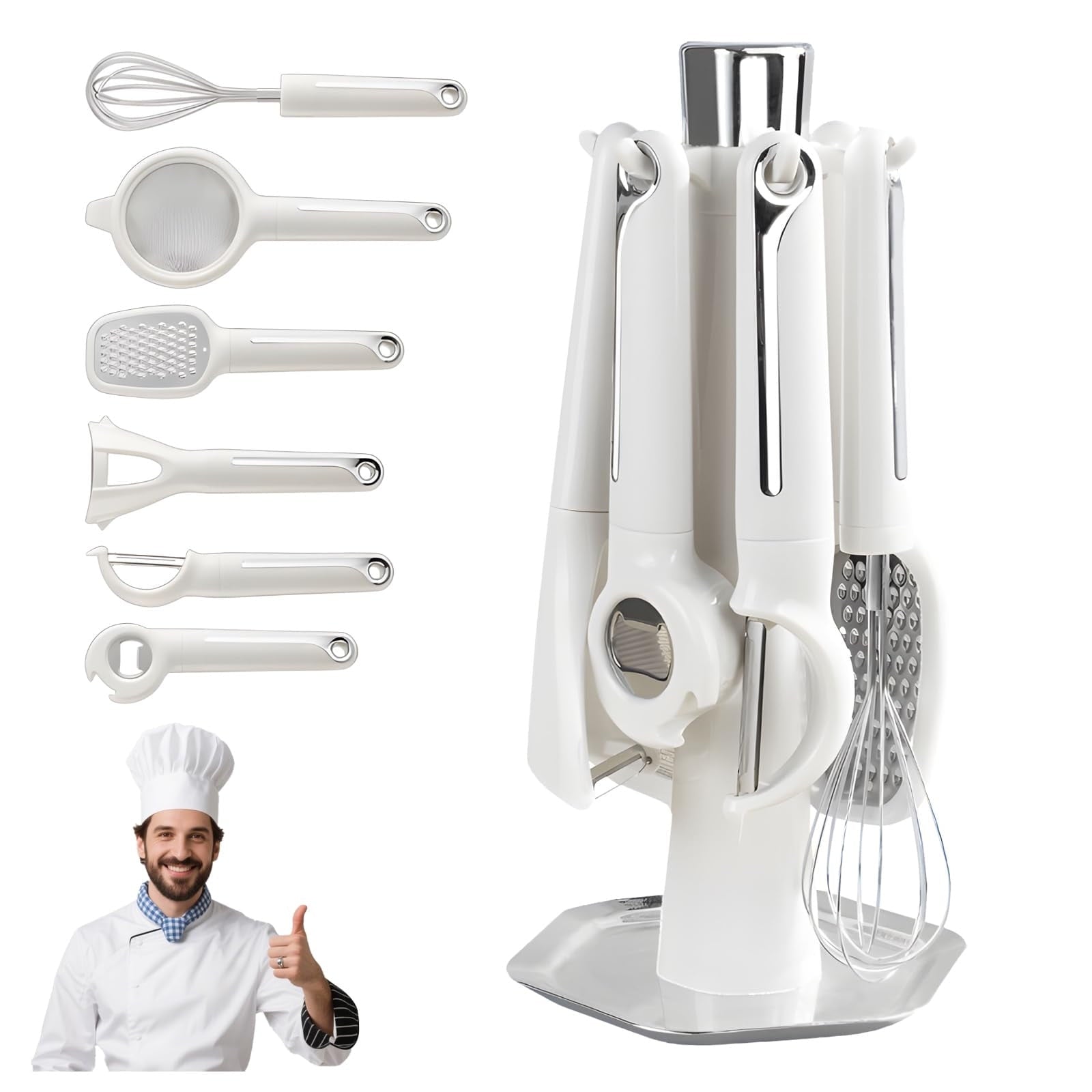 Kitchen Helper Tool Set,Multifunctional Storage Rack,Stainless Steel Grater,Egg Whisk Bottle Opener,Strainer Peeler Set,Wooden Hook Rack,Easy Clean Utensils,7 Piece Cookware Set,Desert Theme Rack