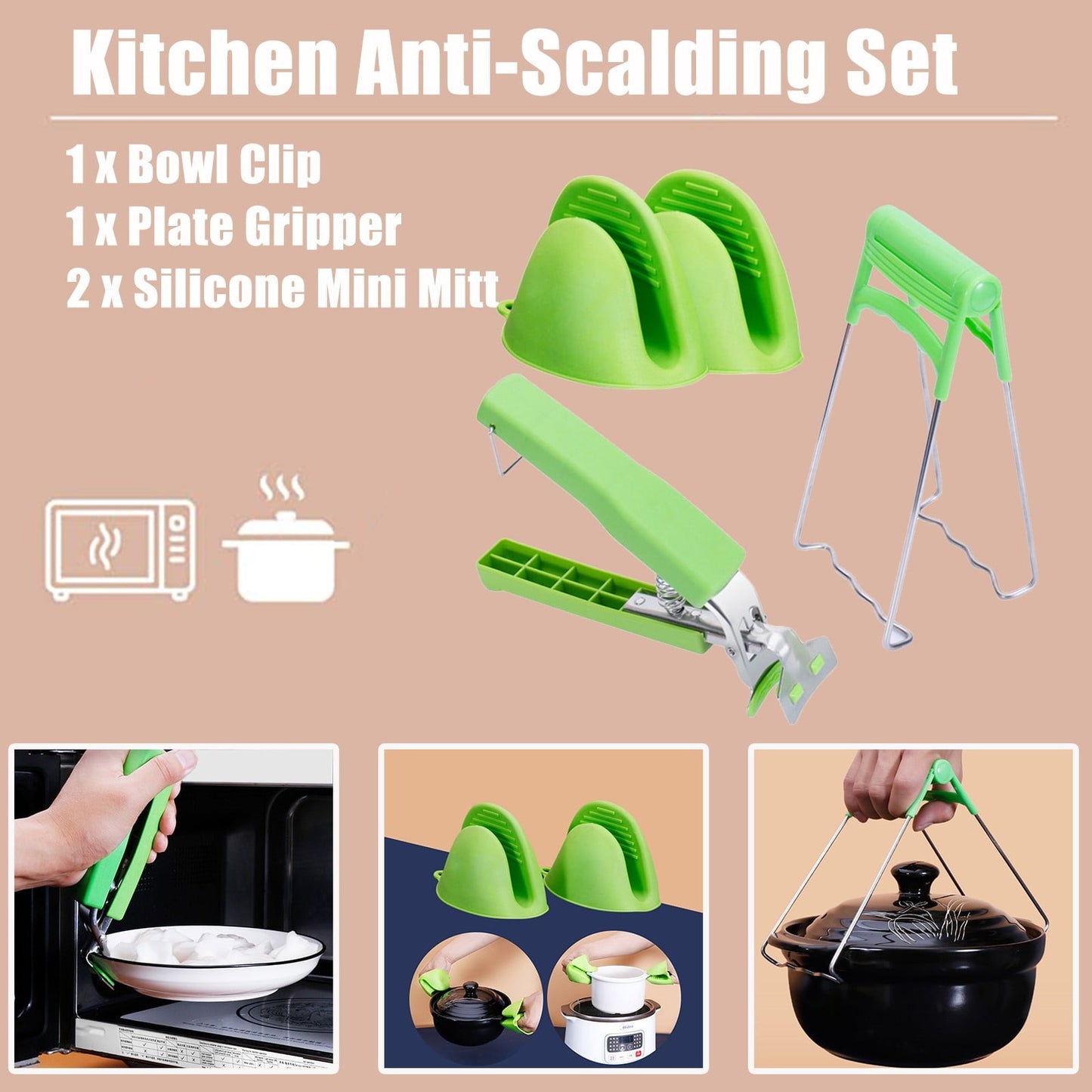 Kitchen Multifunctional Anti-Scald Tool Set - Stainless Steel Bowl Lifter, Pot Holder, and Heat-Resistant Gloves, Safe Gripping for Hot Dishes, Bowls, Pans, and Trays, Dishwasher Safe green