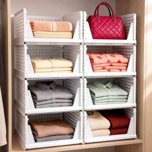 5 Pack Stackable Closet Storage Basket, Multifunctional Closet Organizer for Kitchen Bathroom Laundry Room Wardrobe Storage, Space-Saving Clothes Storage Drawer Organizer, White
