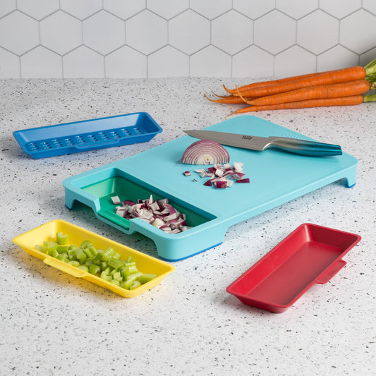 Poly Cutting Board Prep Station Set with Removable Trays, Blue, 5 Piece