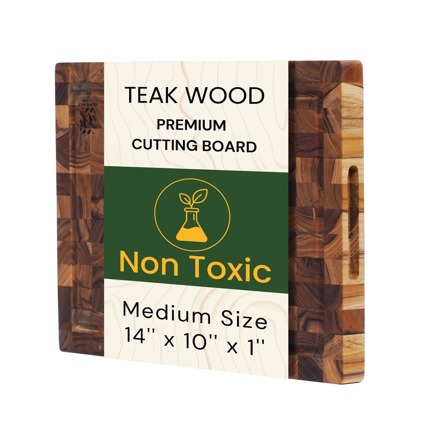 Teak Wood End Grain Cutting Board 13.8 x 9.8 Inch, Solid Wood Kitchen Cutting Board for Meat &amp; Daily Prep, Knife-Friendly Cutting Board with Juice Groove &amp; Handle