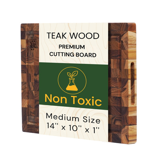 Teak Wood End Grain Cutting Board 13.8 x 9.8 Inch, Solid Wood Kitchen Cutting Board for Meat &amp; Daily Prep, Knife-Friendly Cutting Board with Juice Groove &amp; Handle