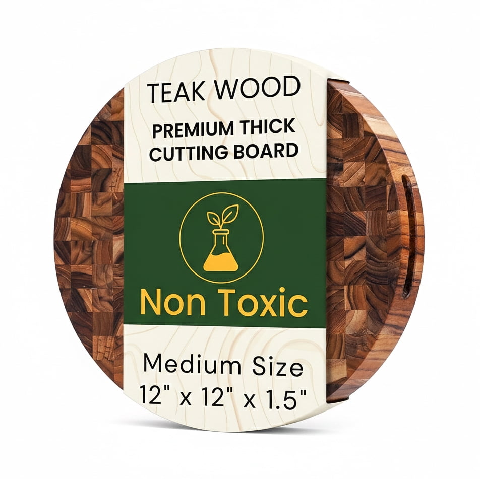 Teak Wood Round End Grain Cutting Board 12 Inch, Extra Thick Butcher Block Cutting Board for Meat &amp; Kitchen Prep, Pizza Serving Board