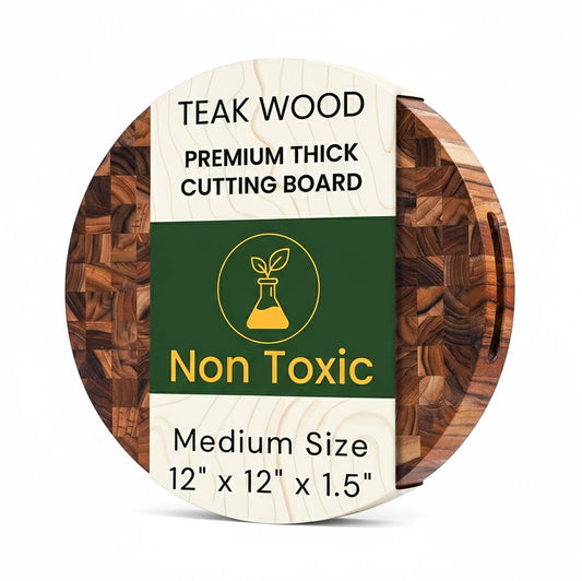 Teak Wood Round End Grain Cutting Board 12 Inch, Extra Thick Butcher Block Cutting Board for Meat &amp; Kitchen Prep, Pizza Serving Board