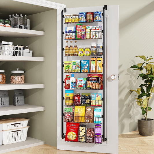 8-Tier Over the Door Pantry Organizer, Larger Baskets Metal Pantry Organization and Storage, Door Back Hanging Space Saver for Kitchen, Laundry, Bathroom, Black