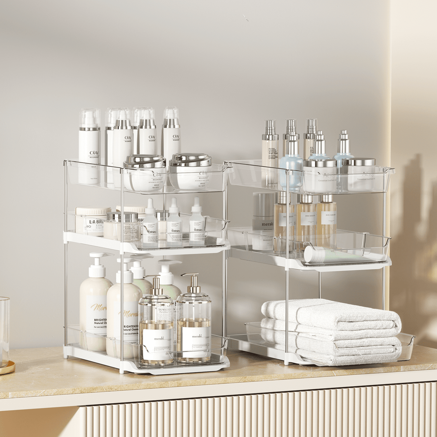 2-Pack 3-Tier Pull-Out Under Sink Organizer, Stackable Sliding Storage Shelves for Bathroom Kitchen Pantry (White)