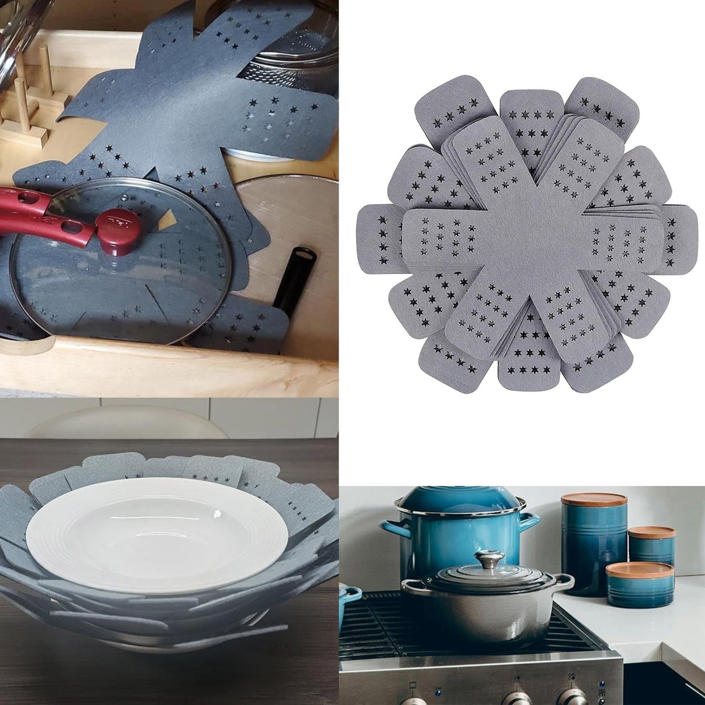 12-Pack Gray Silicone Pot &amp; Pan Protectors (4 Sizes) | Heat-Resistant Cookware Dividers for Stacking Pots, Pans &amp; Lids | Scratch Prevention Cabinet Organizer for Kitchen Storage